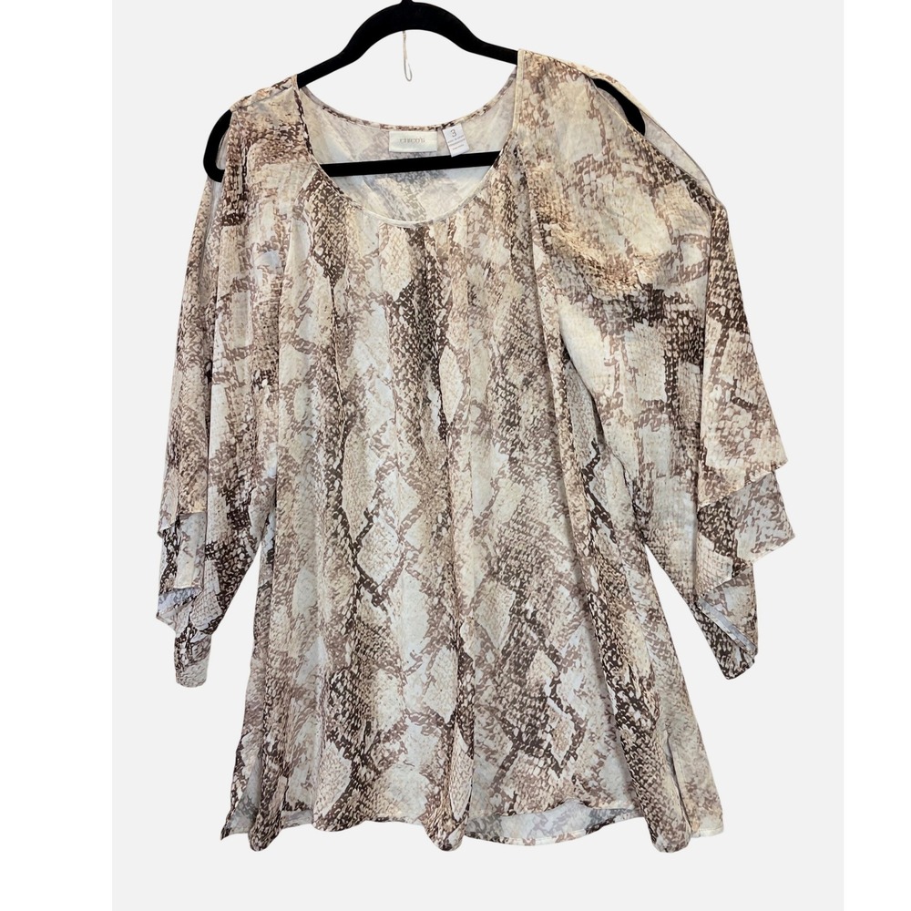 Chicos Women Size 3 (XL ) Snakeskin Print Cold‎ Shoulder Tunic Blouse Top